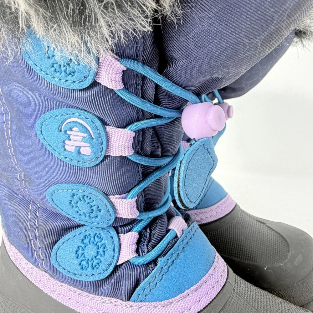 Kamik Kids Navy Blue Faux Fur Trim Waterproof Winter Snow Boots Bungee Toggle